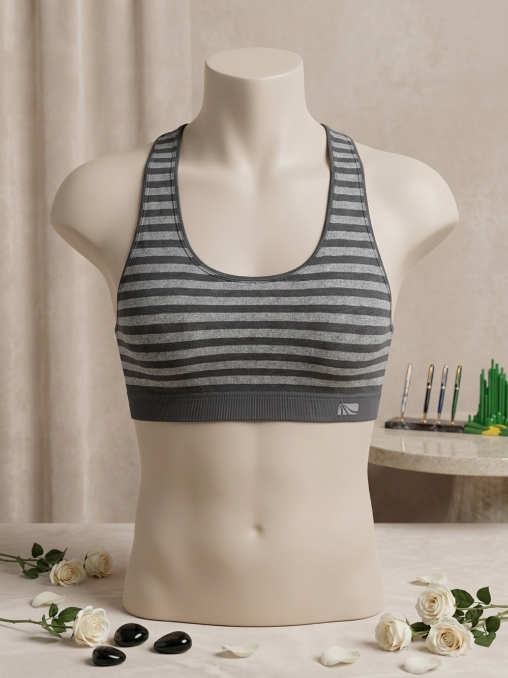 Source Unknown Gray Striped Racerback Sports Bra